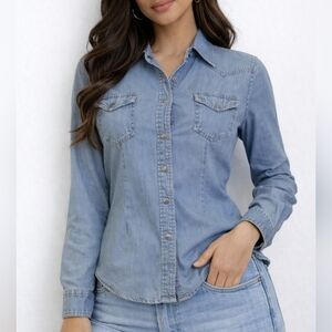 Vtg SUNBELT 1980s Chambray Western Cowboy Core Rodeo Snap Shirt Medium